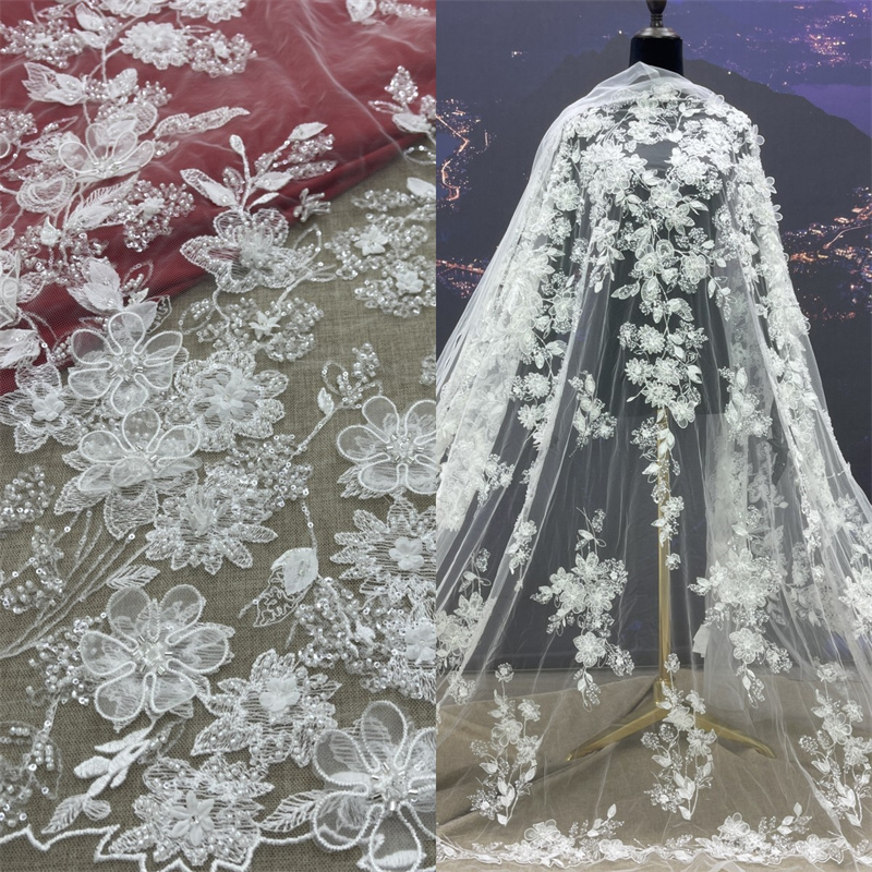 Stylish Floral French Wedding Dress Handmade 3D Embroidery Sequin Lace