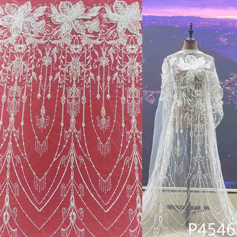 Wedding Dress Fabric Elegant Large Flower Beads and Sequins Embroidery