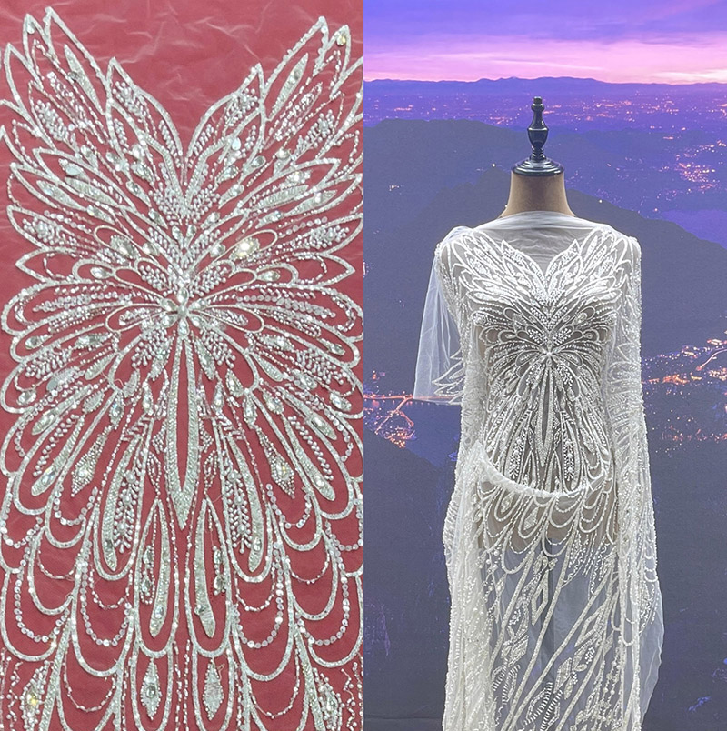 珍珠串链打造对称的放射状花纹设计婚纱布料